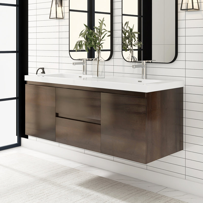 Latitude Run® 60" Wide Wall-Mounted Bathroom Vanity Set with Integrated Double Sinks & Reviews ...